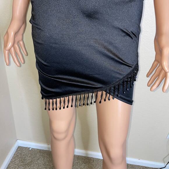 E.L.H. Studio black dress mini V-neck Satin V-neck beaded edge mini body-con SM - Picture 5 of 12